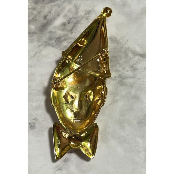 Crying Circus Clown Face Brooch Gold Tone Pin Sad Jester Head 3" - Picture 5 of 6